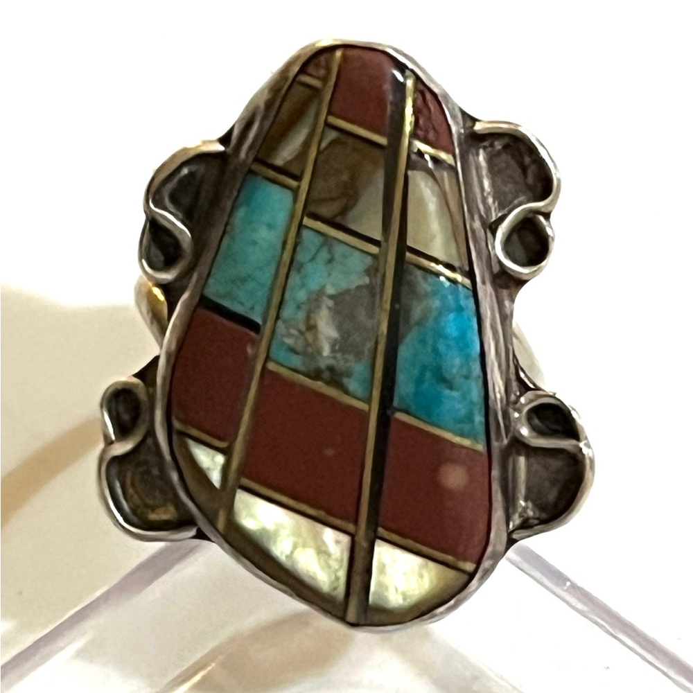 Navajo, Old Pawn Sterling Slvr Channel Inlay Turquoise Agate Pipestone MoP Ring